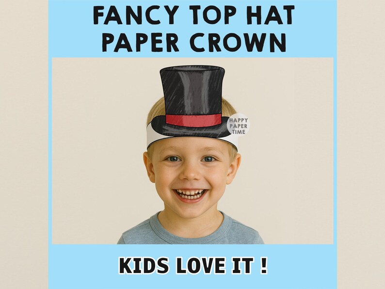 May include: A child wearing a paper crown shaped like a black top hat with a red band. The text "FANCY TOP HAT PAPER CROWN" is at the top, and "KIDS LOVE IT!" is at the bottom. The crown has the words "HAPPY PAPER TIME" on it.
