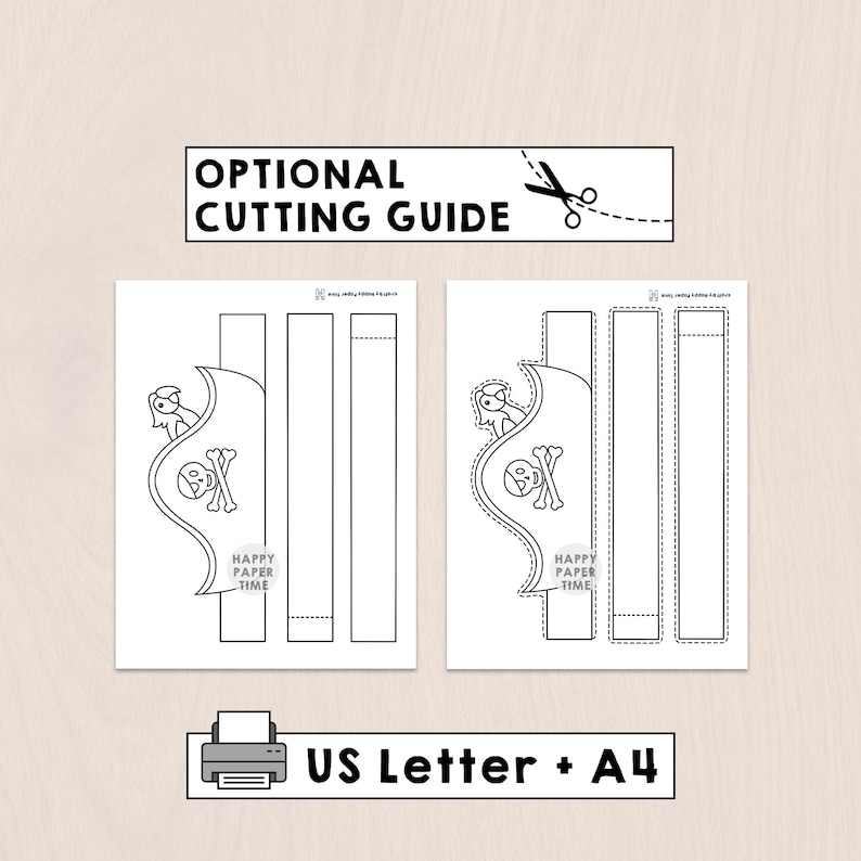 May include: A printable paper craft template featuring a pirate hat design with a skull and crossbones and a parrot. The sheet includes an optional cutting guide with scissors icon and text, plus a printer icon labeled US Letter + A4.
