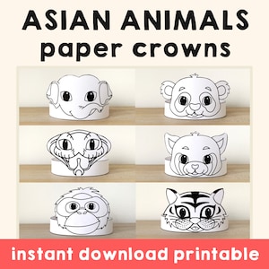 Animali della giungla asiatica Corone di carta Panda Elefante Cobra Tigre Orango Stampabile Kids Craft Birthday Party Favor Costume Scaricabile