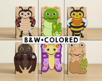Bugs Insects Paper Bag Puppets Printable Craft Activity Cut Paste Coloring Party Favor Instant Download
