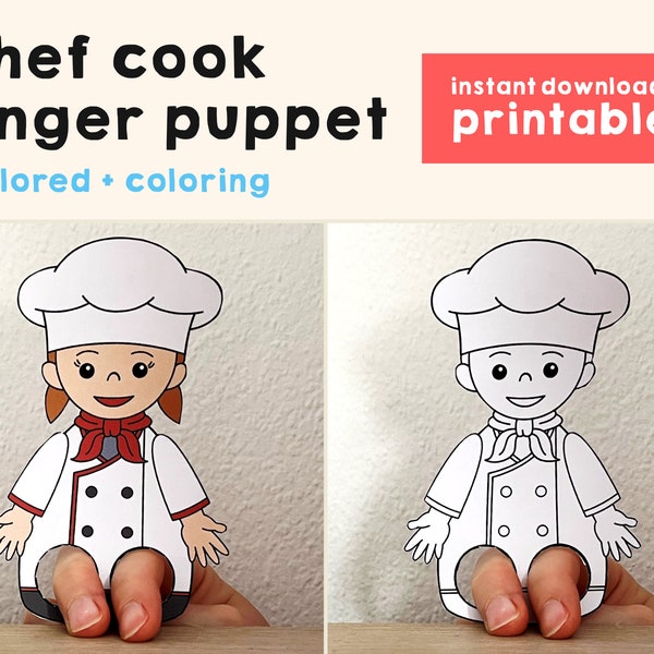 Chef cook paper craft printable Community Helper Finger Puppet Kids Craft Career Day Kids Coloring Puppet Restaurant  - Instant Download