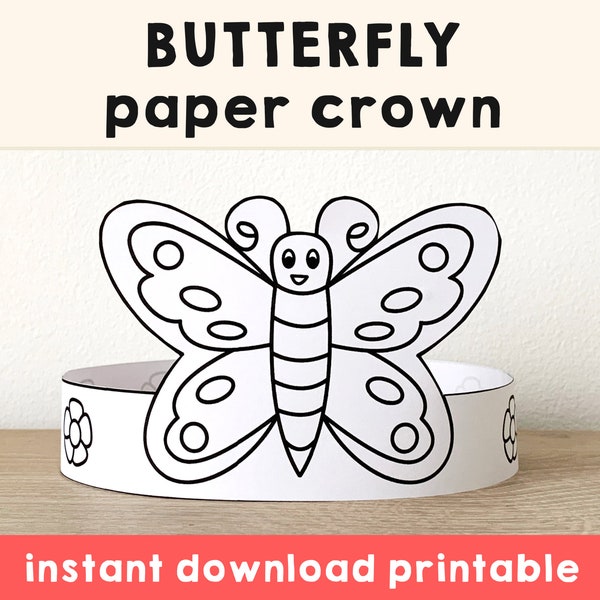 Butterfly Paper Crown Party Coloring Printable Kids Craft Cute Girl Fantasy Birthday Decor Printable Favor pdf Costume DIY Instant Download