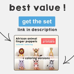 May include: A set of six printable African animal finger puppets. The puppets include a lion, hyena, giraffe, hippopotamus, rhinoceros, and zebra. The puppets are available in both coloured and colouring versions. Instant download.