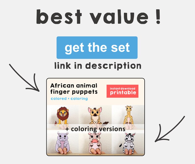 May include: A set of six printable African animal finger puppets. The puppets include a lion, hyena, giraffe, hippopotamus, rhinoceros, and zebra. The puppets are available in both coloured and colouring versions. Instant download.