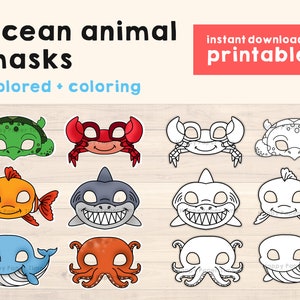 Modelo de máscaras de animais do oceano Caranguejo Tartaruga Marinha Tubarão Baleia Polvo Peixe Artesanato Favor de festa infantil para impressão, festa para impressão, download instantâneo