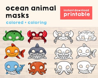 Modèle de masques d'animaux océaniques crabe tortue de mer requin baleine poulpe poisson artisanat cadeau pour enfant imprimable, fête imprimable, téléchargement immédiat