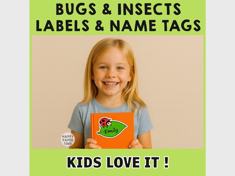 May include: A young girl smiles, holding an orange book with a ladybug and leaf design. The book is labeled "Emily." Text at the top reads "BUGS & INSECTS LABELS & NAME TAGS." The bottom text says "KIDS LOVE IT!"