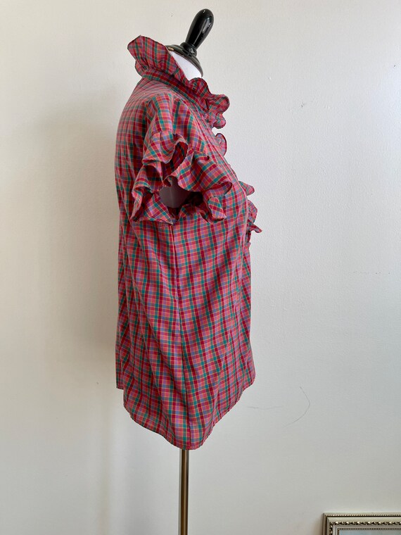 Ruffle Collar Plaid 80s blouse - image 6