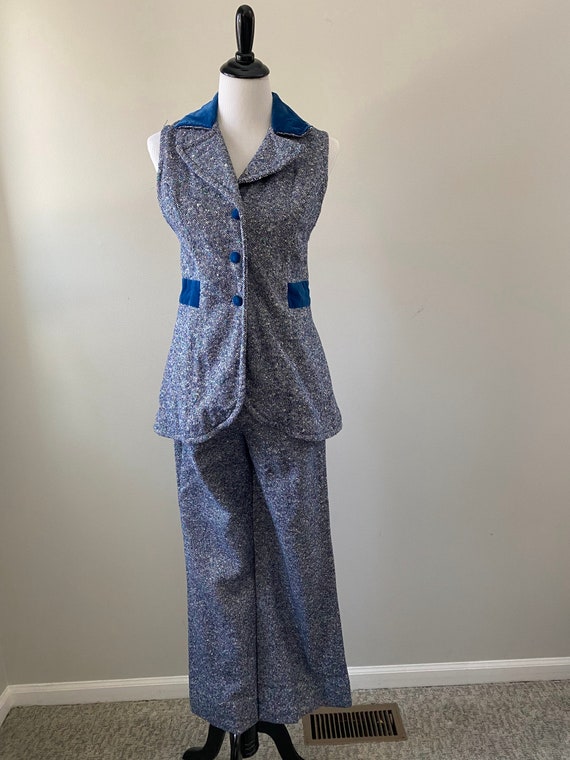1970s Speckled Tweed Velvet Trim Pant Suit Set - image 2