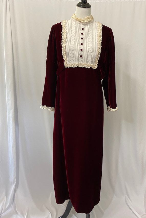 1970s Burgundy Red Velvet Lace Union Made Dress