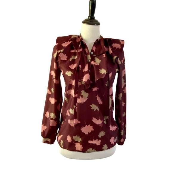 1970s Burgundy and Blush Abstract Floral Blouse