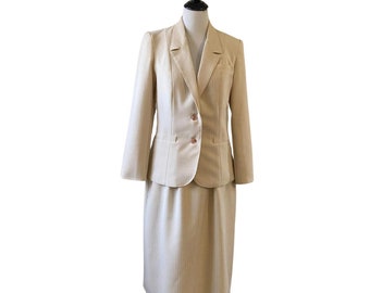 1970s/1980s Tan and White Stripe The Fashion Place Skirt Suit Set