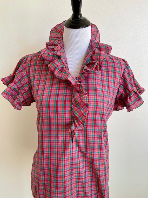 Ruffle Collar Plaid 80s blouse - image 5