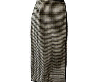 Vintage Black, White, and Tan Plaid Leather Trim Midi Wrap Skirt