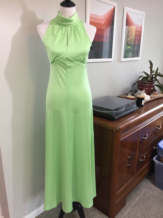 Slinky 1970s Lime Green Keyhole Neckline Maxi Dres