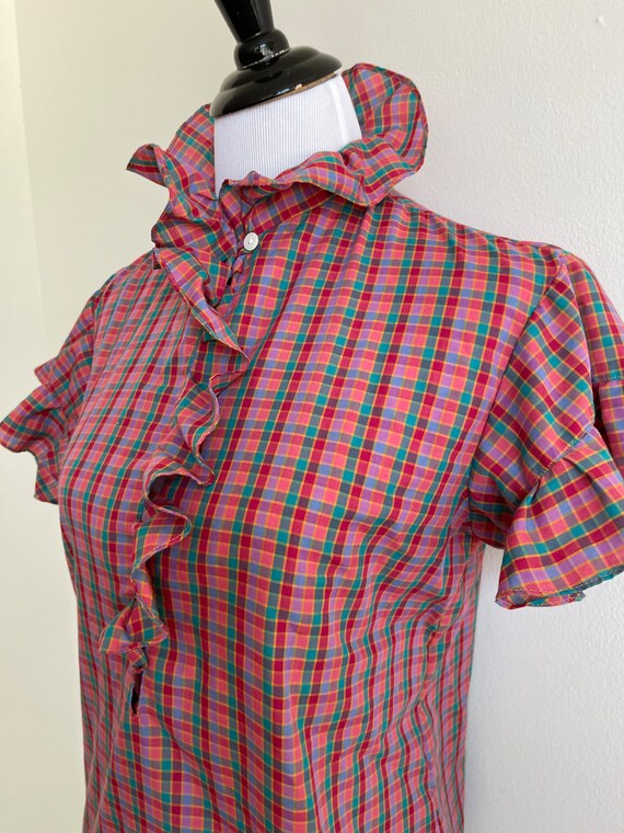 Ruffle Collar Plaid 80s blouse - image 3