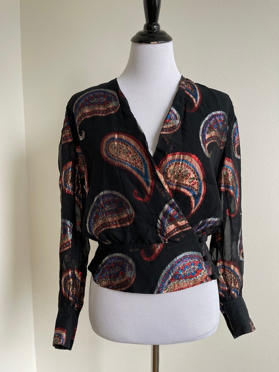 80s Sparkle Paisley Wrap Blouse by Anne Klein - image 2