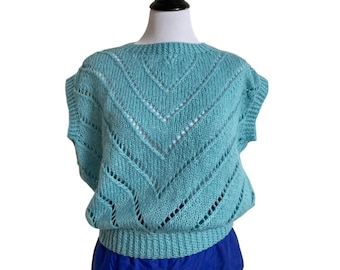 Vintage Hand knit fluffy pullover sweater, teal