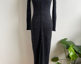 70s International Sparkle Black Knit Body Con Knit Maxi Dress