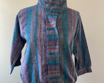 1980s Purple, Green, and Gray Cropped Woven Blouse