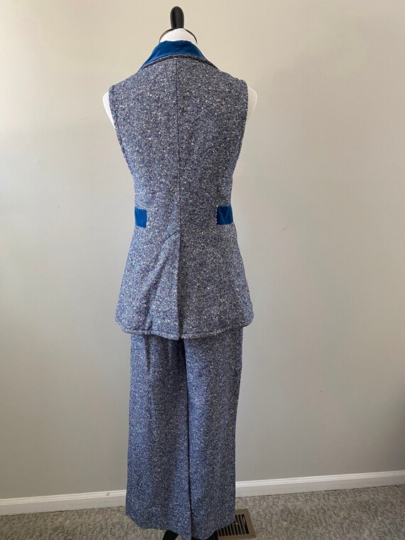 1970s Speckled Tweed Velvet Trim Pant Suit Set - image 3