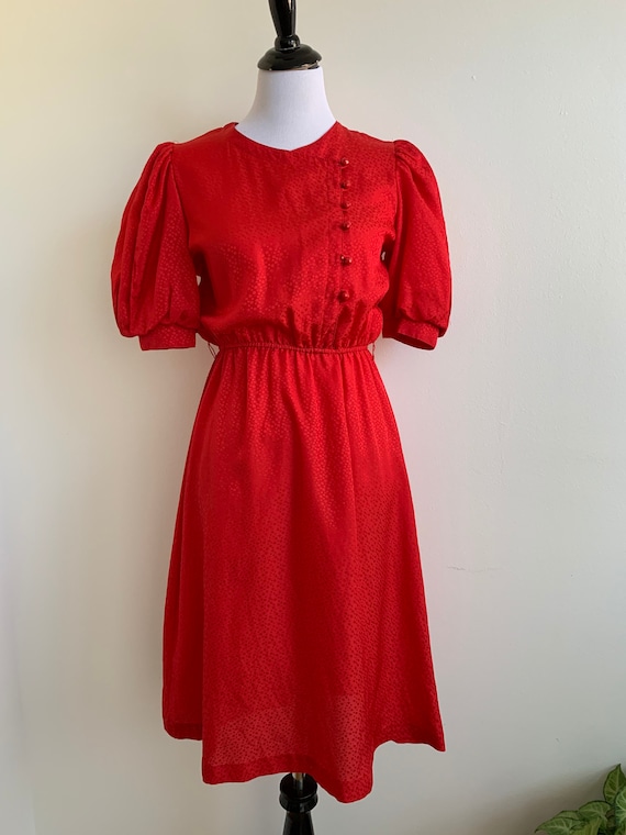Vintage Red Puff Sleeve Slip On Dress, Sm-M