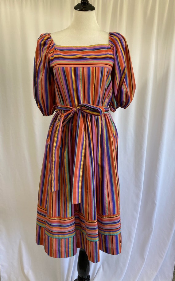 Vintage Colorful Striped Puff Sleeved Full Skirt D