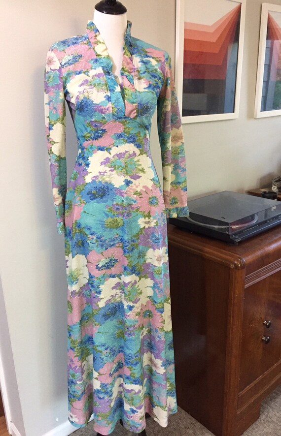 1970s Pastel Shimmer Lurex Handmade Maxi Hostess G