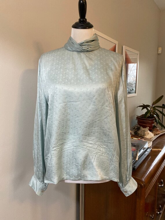 Vintage 1980s Seafoam Green Silk High Neck Blouse