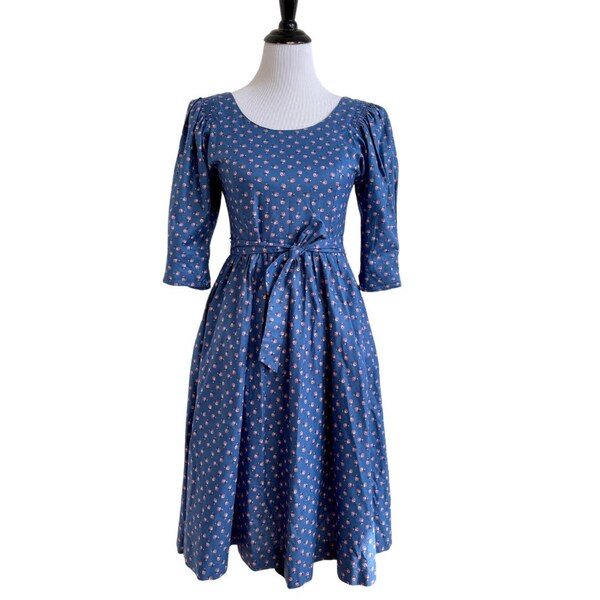 1980s Red Blue Rose Print Dress by Lanz | XS/S