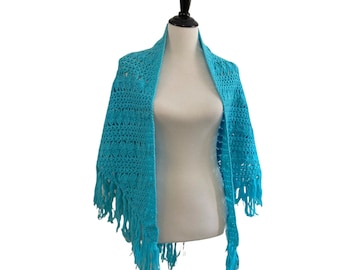 Vintage Boho Aqua Blue Crocheted Shawl Wrap