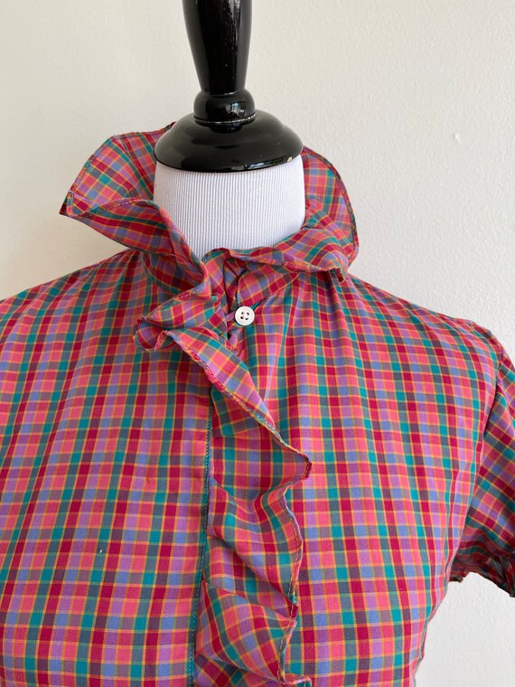 Ruffle Collar Plaid 80s blouse - image 7