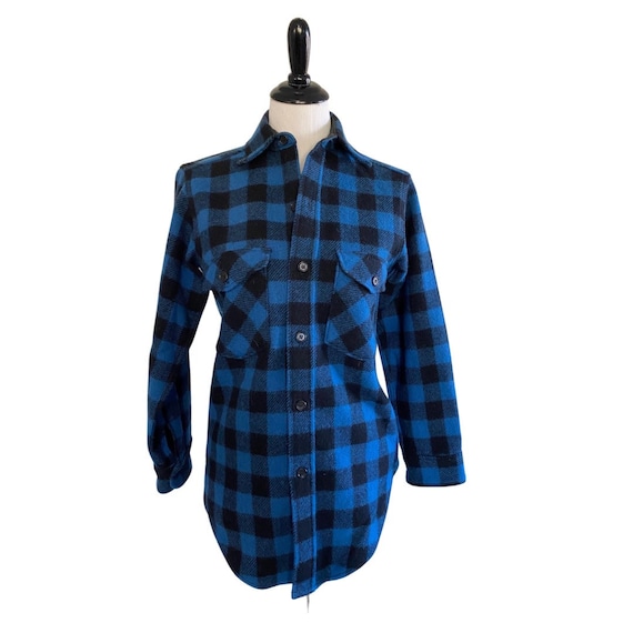 1990s Blue and Black Buffalo Check Plaid Wool LL … - image 1