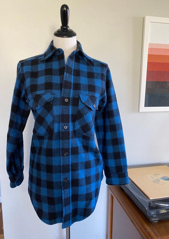 1990s Blue and Black Buffalo Check Plaid Wool LL … - image 2