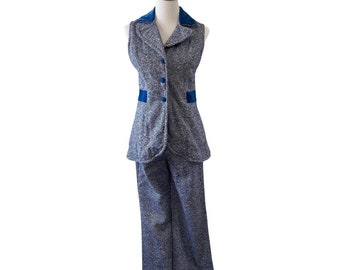 1970s Speckled Tweed Velvet Trim Pant Suit Set