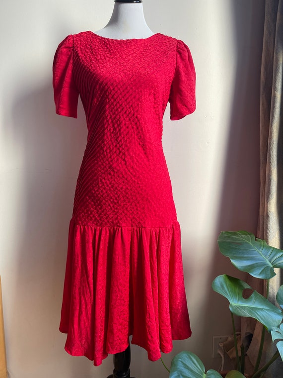 Red Silk Albert Nippon Drop Waist Dress