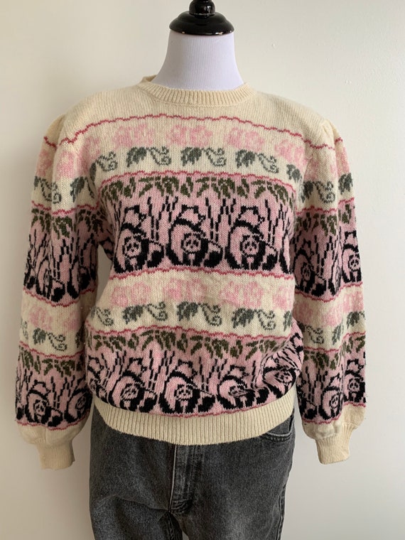 Vintage 1980s Puff Sleeve Panda Wool Sweater