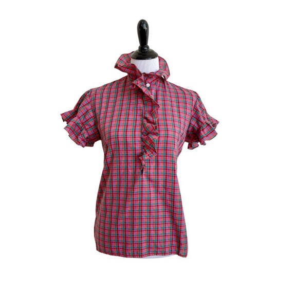 Ruffle Collar Plaid 80s blouse - image 1