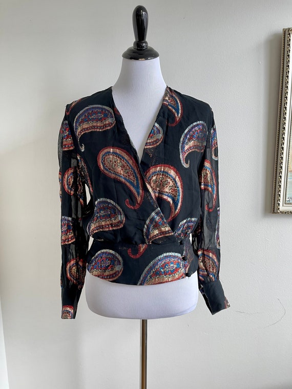 80s Sparkle Paisley Wrap Blouse by Anne Klein - image 7