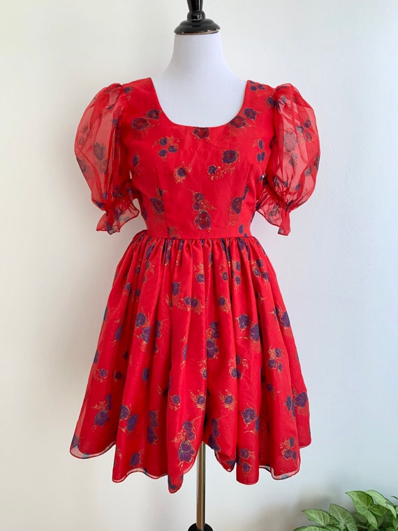 Handmade Chiffon Puff Sleeve Red Formal Dress, xs-