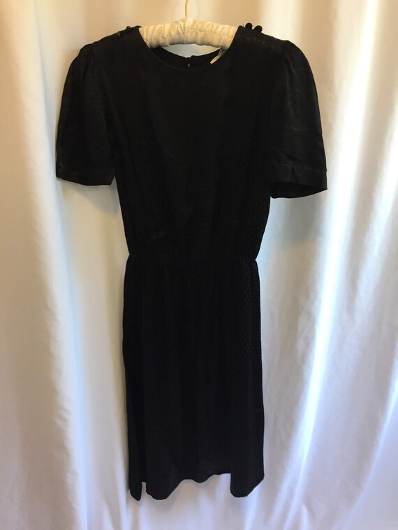 1980s Black Satiny Midi-Length Dress/Short Sleeves