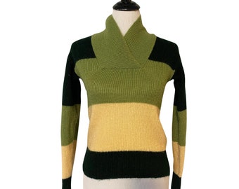 70s Green and Cream Shawl Neck Sweater