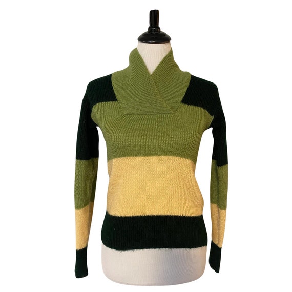 70s Green and Cream Shawl Neck Sweater - image 1