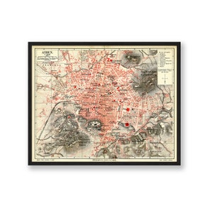 Alte Karte von Athen Griechenland 1884, HERUNTERLADBARE Vintage Griechenland Stadt karte, Athen Sehenswürdigkeiten, Alte Karte Illustration, Griechenland Poster Karte Wandkunst