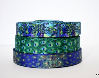 5//10yards Blue Grosgrain Ribbon 7//8/" Peacock feather Printed