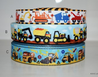 Construction Vehicles 7/8" and 1" Grosgrain Ribbon You Choose