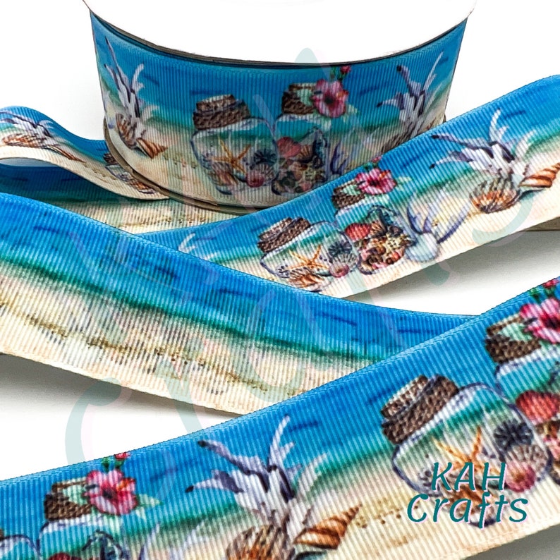Shell Ribbons USDR Jar of Shells Beach Sand Water Sky Double Sided Grosgrain Ribbon ...