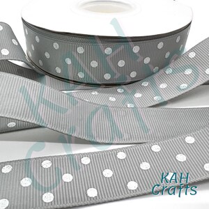 Ruban gros-grain double face argent clair à pois blancs scintillants, largeur au choix