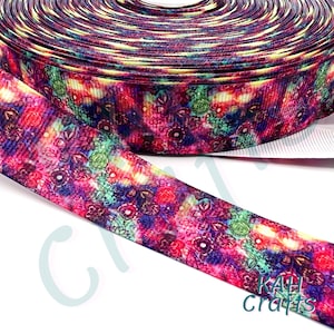 Roze groen geel verborgen artistieke bloemen 7/8" Grosgrain lint