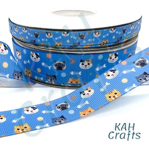 Blue Cat Faces Grosgrain Ribbon You Choose Width
